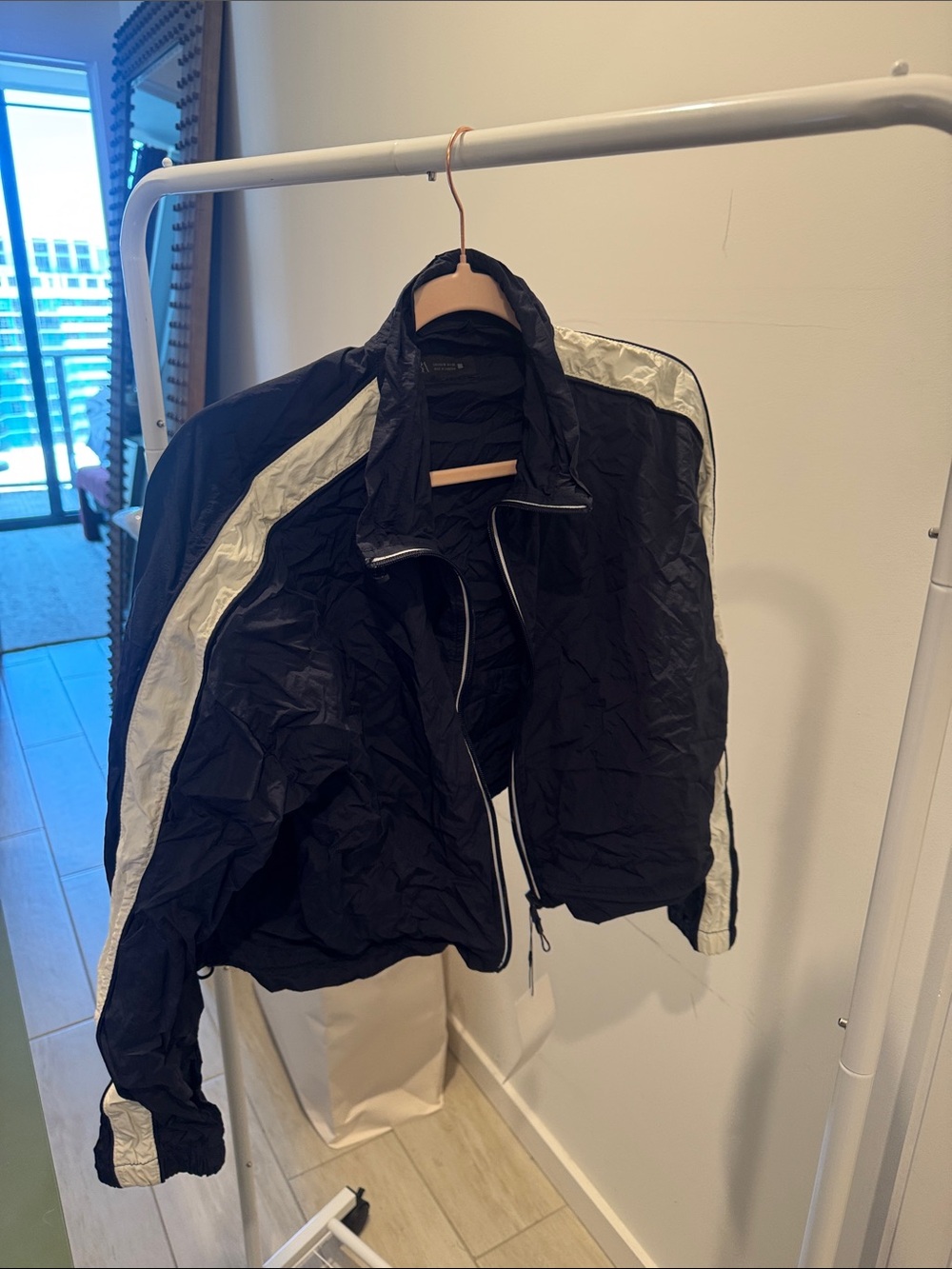 Zara Navy Windbreaker with White Contrast Stripes